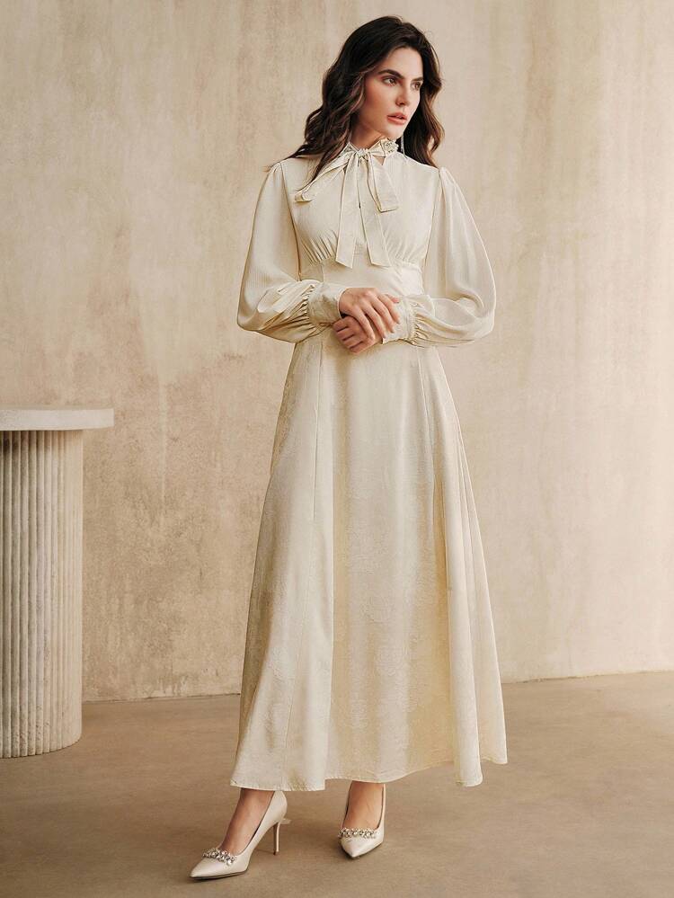 Women's Long Sleeve Flared Bow Elegant Dress, Graceful Holiday Dress
