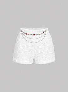 SHEIN MOD Quần short đính kim cương lấp lánh kiểu cổ điển với thắt lưng thanh lịch - Hoàn hảo cho phong cách quý tộc xưa, dự tiệc, hẹn hò, các buổi tiệc, ngày lễ, trang phục công sở, đi học, dự lễ hội Halloween, và các dịp trang trọng khác. - trắng - Xem 1