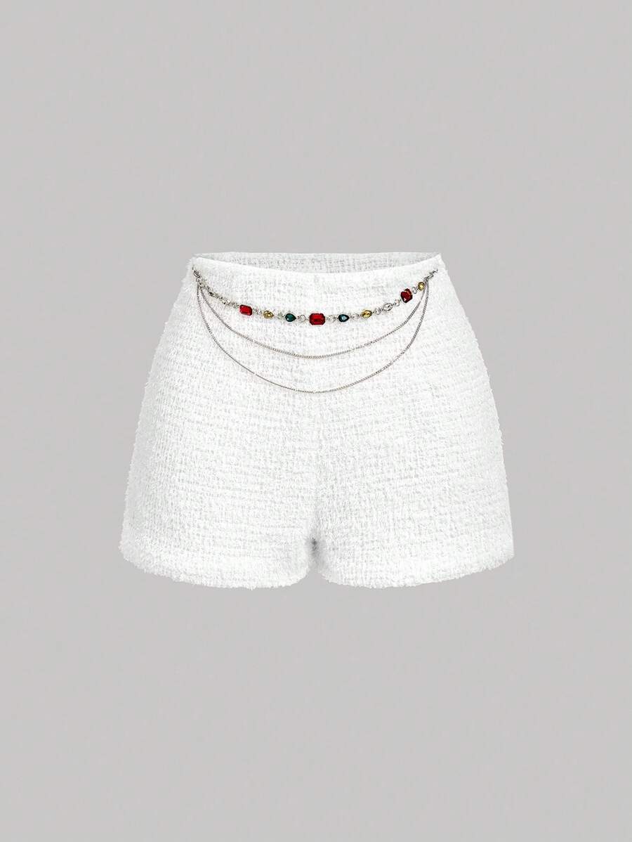 SHEIN MOD Quần short đính kim cương lấp lánh kiểu cổ điển với thắt lưng thanh lịch - Hoàn hảo cho phong cách quý tộc xưa, dự tiệc, hẹn hò, các buổi tiệc, ngày lễ, trang phục công sở, đi học, dự lễ hội Halloween, và các dịp trang trọng khác. - trắng - Xem 1