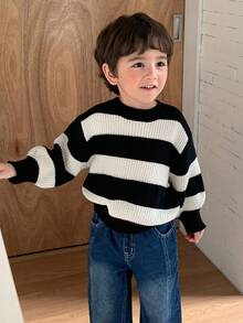 DAZY 幼儿男童宽松休闲条纹针织毛衣，基本款圆领长袖，秋季 - 黑與白 - 查看 7