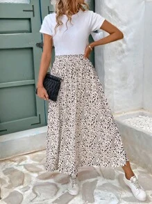 SHEIN Frenchy Women's Floral Printed Elastic High Waist Side Slit Skirt With Ruffle Trim,Bridgerton Winter