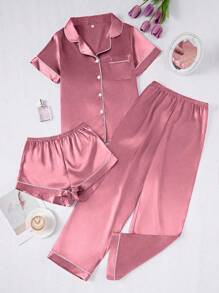 Set de pijama de 3 piezas para mujer de unicolor con ribete de contraste en seda sintética - Color caoba - Ver 3