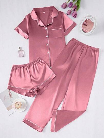 Women Contrast Faux Zijden Pajama Set view 3