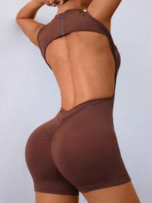 Easithlete Tight Hollow-Out Jumpsuit For Women, Suitable For Yoga & Outdoor Activities - Brown - View 2