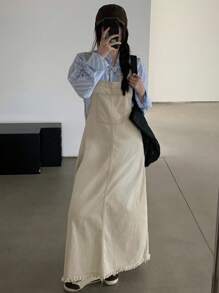 DAZY 女士休闲水洗毛边长款牛仔连衣裙 夏季女装 - 米色 - 查看 6