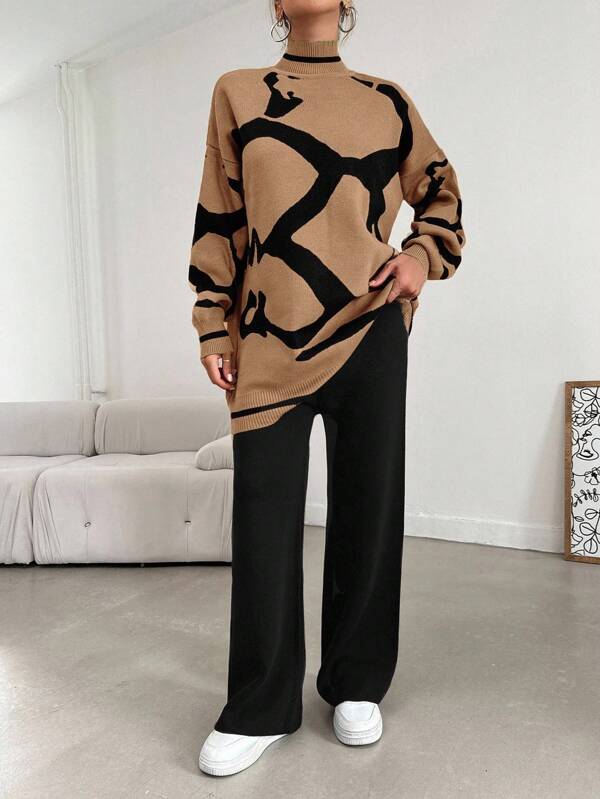 EURMUSE Graphic Pattern Drop Shoulder Sweater & Knit Pants