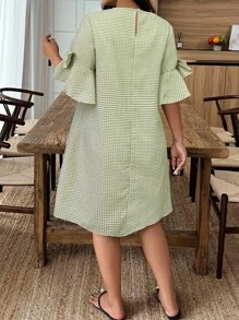 Weeklong Váy suông dáng suông kẻ caro cổ tròn tay loe dáng rộng cho nữ cỡ lớn - màu xanh lá - Xem 2