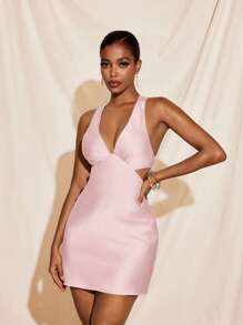 Amiko Pastel Pink Bias Drape Satin Slip Mini Dress With Tie Back Sexy Dress Elegant Summer Vacation - Pink - View 5