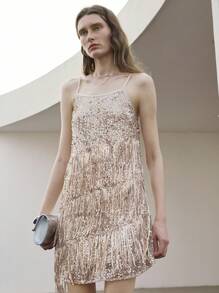 Uhlyne 女式秋季新款简约优雅性感俱乐部装细肩带不对称流苏亮片香槟色迷你连衣裙全白夏装派对造型，流苏连衣裙 - 香檳色 - 查看 7