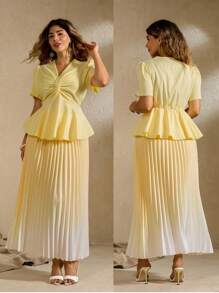 Roveilla 2 Pieces Plus Size Ombre Elegant V-Neck Top & Pleated Skirt Set