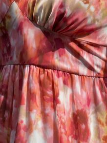 SHEIN CURVE+ 大码V领长袖全印花百褶休闲连衣裙长款女装 - 彩色 - 查看 8