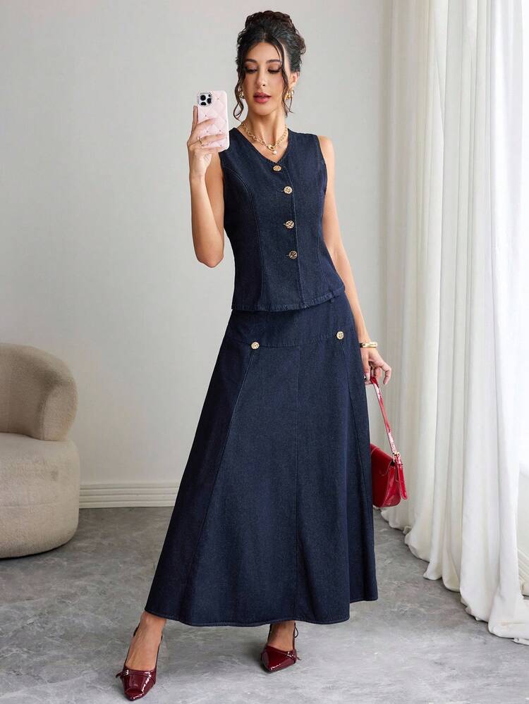 Elenzga 中腰原色纽扣装饰喇叭水洗牛仔裙 - 深色水洗藍 - 查看 6