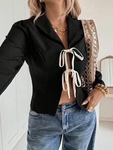 Siren Gaze Áo khoác blazer nữ cổ chữ V kiểu Pháp màu tương phản, buộc dây phía trước, tay dài, buộc dây, thời trang, đa năng, áo khoác blazer quấn crop top, thích hợp mặc đi làm hàng ngày. Áo khoác blazer phối nhiều lớp cho mùa thu, hàng mới về mùa thu đông., mặc hàng ngày và phối nhiều lớp, mặc khi trở lại trường, quần áo nữ mùa thu, áo dễ thương, áo đi chơi cho nữ, phong cách cổ điển cho nữ, áo khoác blazer thường ngày, phù hợp cho mọi mùa - màu đen - Xem 3