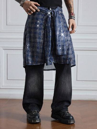 Grunge Punk Jeans en denim casual 2 en 1 avec nœud et imprimé à carreaux pour hommes