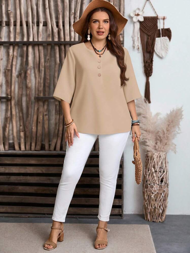 EMERY ROSE Blusa holgada de mujer de talla grande con cuello con muesca, botones decorativos y mangas 3/4 en color liso caqui, adecuada para salidas de verano y otoño - Multicolor - Añade 5