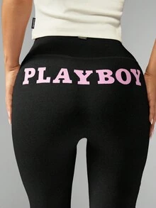 Missguided x Playboy Hochtaillierte Kompressionsleggings mit feuchtigkeitsableitender und atmungsaktiver Leistung, Yoga-Lauf-Trainingstights mit Logo-Muster - Schwarz - Übersicht 4