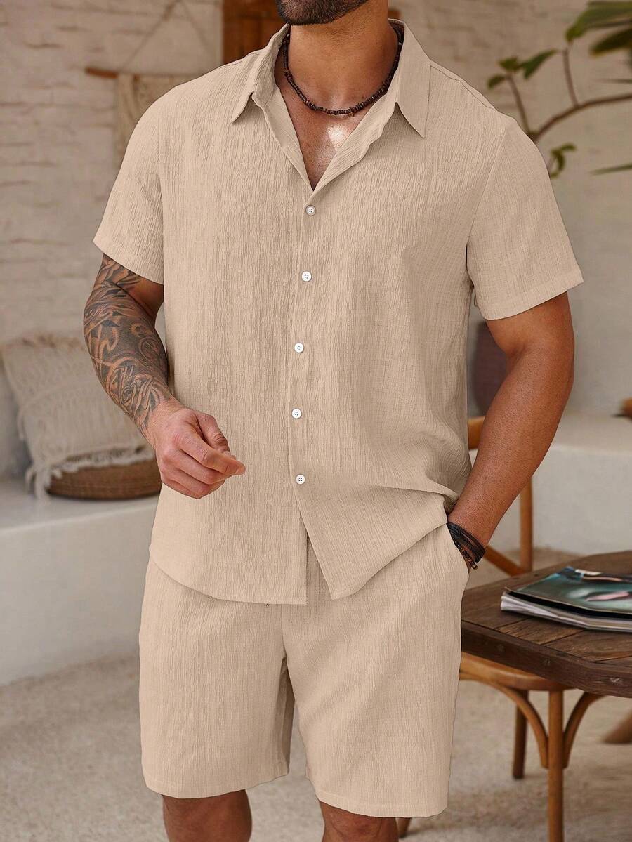 Manfinity Homme Costum casual pentru bărbați, mărime plus, culoare solidă, mânecă scurtă, cu un singur nasture, cămașă și pantaloni scurți - Kaki - Vizualizare 1