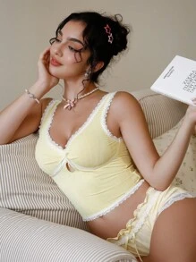 PetitDoll 女士甜美蕾丝拼布吊带背心 - 黃色 - 查看 3