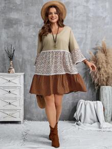 EMERY ROSE Übergröße, Urlaub, lässig, dreilagig, farblich abgestimmt, Blumennähte, Spitzendekoration, lockeres Babydoll-Kleid, Rundhalsausschnitt, knielanges Kleid, Boho-Kleid, Übergröße, Blumenmuster, Übergröße, Sommerkleid in Übergröße, Herbstkleider für Damen, Country-Konzert-Outfit, Übergröße, Boho-Kleid, Übergröße, Blumenkleid - Verschiedenfarbig - Übersicht 3