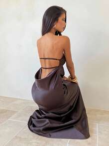 Aloruh Women's Sexy Elegant Rhinestone Bustier Cutout Backless Satin Maxi Dress,Women Dating Dress,Women Night Out Dress,Honeymoon Outfits Woman .Women Wedding Guest Dress,Elegant Dresses For Party Birthday Dresses For Women,Club Outfits Women Sexy,Brown Dress