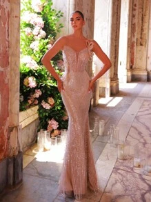 Glamrae 奢华优雅时尚珍珠刺绣面料，V 领，马尾辫 3D 装饰，鱼骨造型，可调节腰带，美人鱼下摆正式晚礼服（重刺绣） - 香檳色 - 查看 2