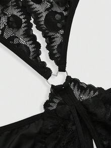 ROMWE Goth Bodysuit Sexy com Recorte na Entreperna e Detalhe em Renda Estilo Gótico - Preto - Visão 3