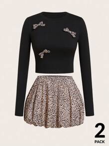 Coolane Women's Round Neck Long Sleeve Bow Decor Cropped Top & Flare Skirt 2 Pieces Set