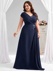 Coutiva Abito lungo elegante da madre della sposa con scollo a V, taglie comode - Blu Navy - Visualizzare 3