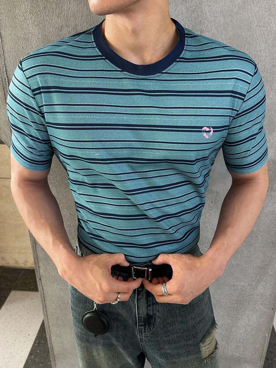 ESTAVOR Áo thun nam cổ tròn tay ngắn dệt kim kẻ sọc thời trang, phù hợp cho mùa hè - Nhiều màu - Xem 1