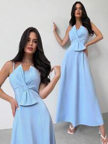 Firerie Women's Elegant Romantic Stylish Bow Decor High Waist A-Line Midi Dress, Sleeveless Strapless Blue Party Dress,  Graduation Dress - Baby Blue - View 1