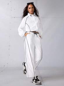SHEIN Sports 女士运动套装、返校装、毕业典礼、返校装、女士运动和瑜伽时尚运动服女士套装、慢跑和户外休闲装女士健身套装女士健身套装宽松版型、夹克和裤子套装、运动服 - 白色 - 查看 4