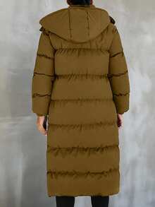 EURMUSE 女士纯色长款保暖连帽棉服外套，冬季休闲装 - 駝色 - 查看 2