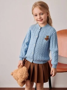 PrepCrw 少女学院风小熊刺绣贴片针织开衫 - 藍色 - 查看 6