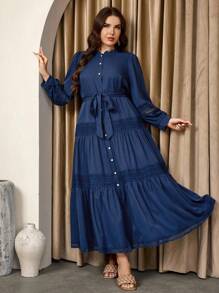 Graceveil 女式加大码荷叶边泡泡袖系腰蕾丝拼接 A 字连衣裙，优雅浪漫 - 藍色 - 查看 1