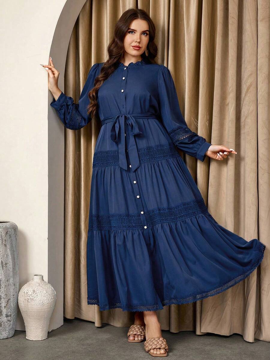 Graceveil Váy chữ A tay bồng buộc eo viền bèo nhún cỡ lớn cho nữ, thanh lịch lãng mạn - Màu xanh lam - Xem 1