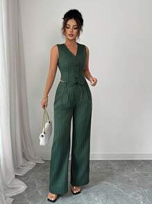 Chiquease Áo vest và quần sọc đơn dành cho nữ Bộ đồ công sở hàng ngày cho mùa hè - Màu xanh lá cây đậm - Xem 1