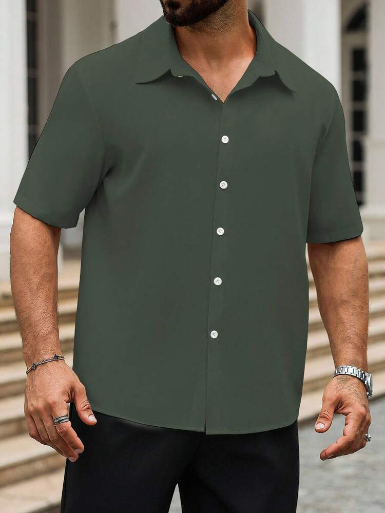 Manfinity Homme Plus Size Men's Simple Solid Color Fashion Casual Short Sleeve Shirt, Summer - Army Green - View 4