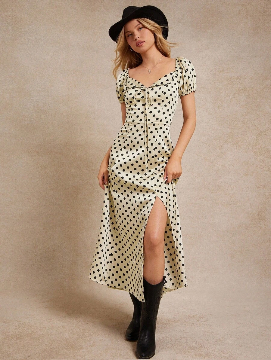 WESTFADE Polka Dot Sweetheart Neck Short Puff Sleeve Bow Tie Front Slit Hem Midi Dress Back To School Country Western Fall Outfits Vintage