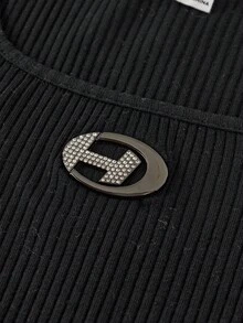 SHEIN 2pcs/Set Tween Girl Street Casual Tight Asymmetrical Hem U-Neck Long Sleeve Rhinestone Decor T-Shirt And Vintage Minimalist Casual Pants Outfit - Black - View 3