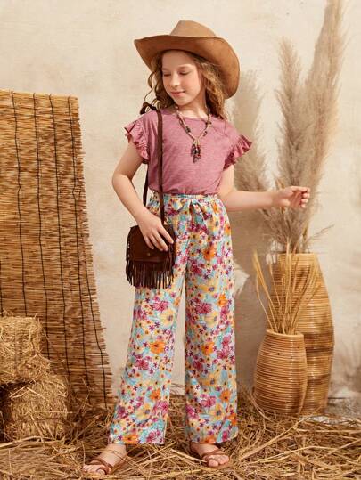SHEIN Tween Girl Marled Ruffle Trim Tee & Floral Print Belted Pants Set