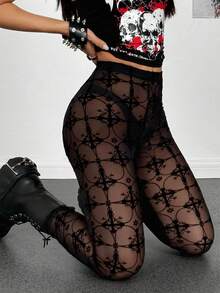 StreetHx Women's Black Sheer Mesh Punk Flocked Halloween Goth Tights