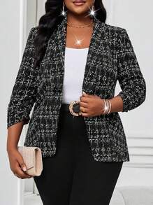 SHEIN Lady 大码女式秋季办公室装格子印花缺口领西装外套 - 黑色 - 查看 1