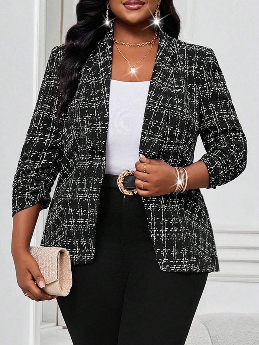 SHEIN Lady 大码女式秋季办公室装格子印花缺口领西装外套 - 黑色 - 查看 1