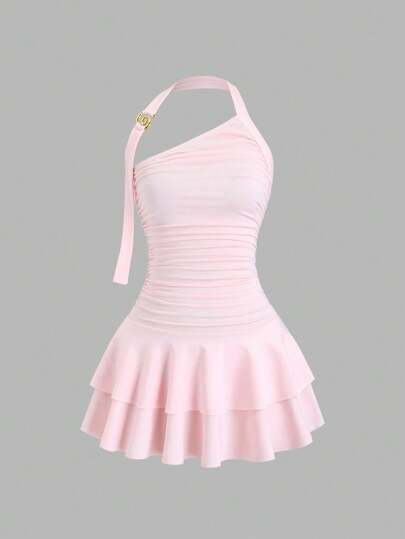 Sweetra Nuevo diseño de vestido mini para mujer con falda de talle ceñido, joyería de espiral dorada y cuello halter