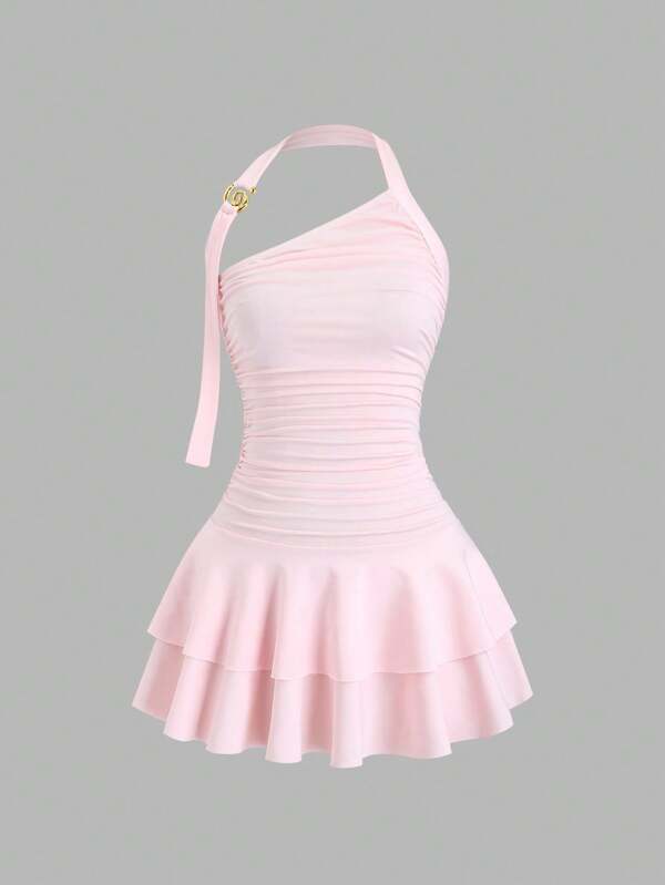 Sweetra New Design Halter Spiral Gold Jewelry Cinched Waist Cake Skirt Mini Dress For Women