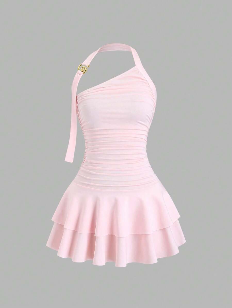 Sweetra New Design Halter Spiral Gold Jewelry Cinched Waist Cake Skirt Mini Dress For Women - Pink - View 1