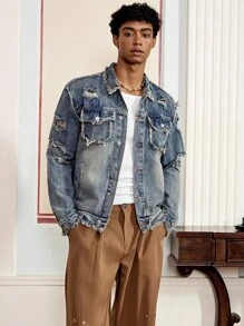 SWAVVY Men's Fashion Washed Distressed Frayed Denim Jacket, Emo Style - Blue - View 5