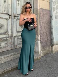 Jeta Ari Women Elegant Solid High Waist Solid Maxi Satin Skirt - Cadet Blue - View 6