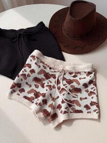 Comfortcana 2 件女式秋季休闲西部抽绳腰豹纹针织短裤套装，返校，豹纹短裤，猎豹动物印花短裤，返校女装，波西米亚女装，哥特女装 - 彩色 - 查看 1