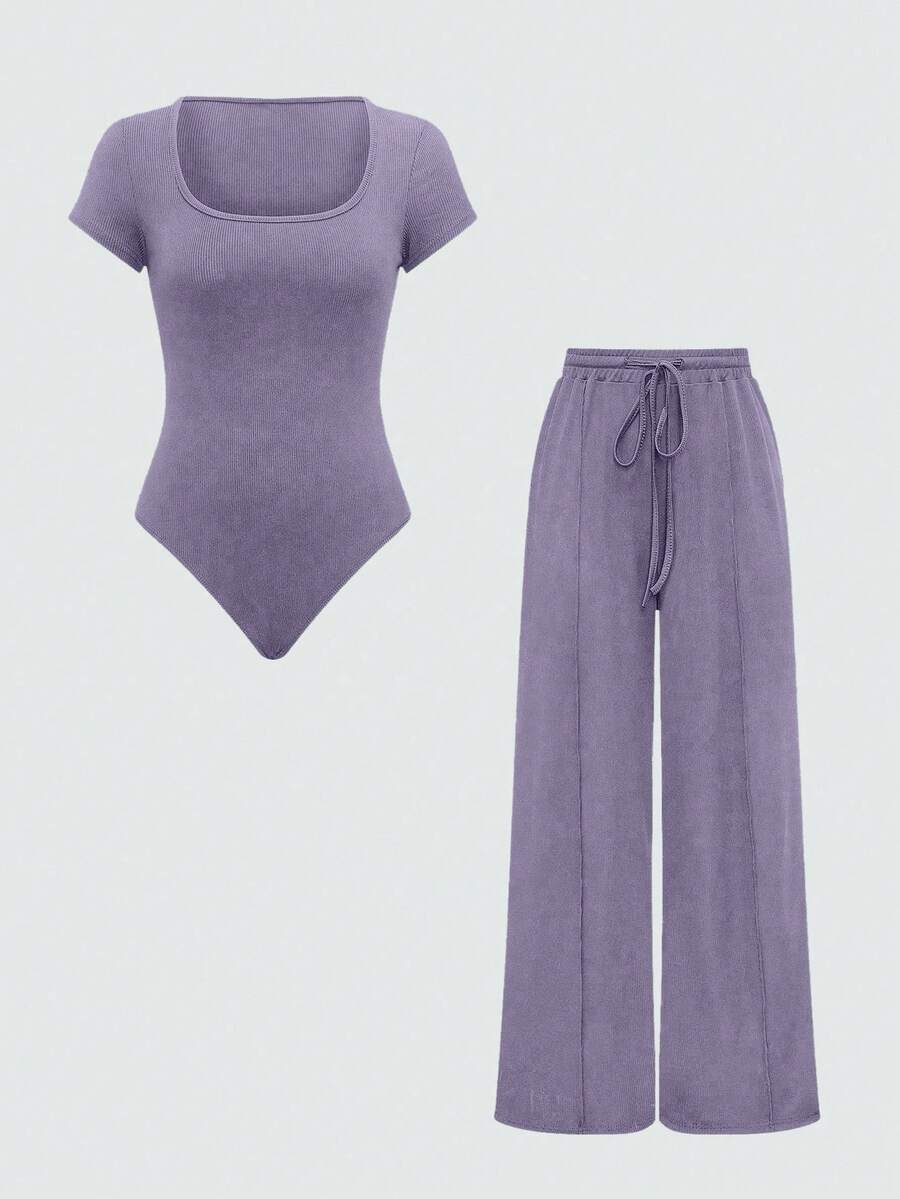 EURMUSE 2pcs/Set Summer Casual Solid Color Short Sleeve Jumpsuit - Lilac Purple - View 1